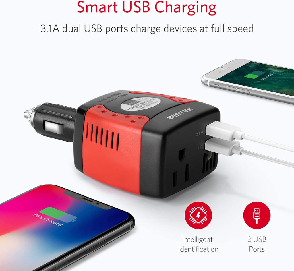 150W Power Inverter 12V to 110V with Dual USB Charging Ports Pack of 2 S773