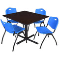 Mocha Walnut Square Breakroom Table with 4 Blue Stack Chairs S676
