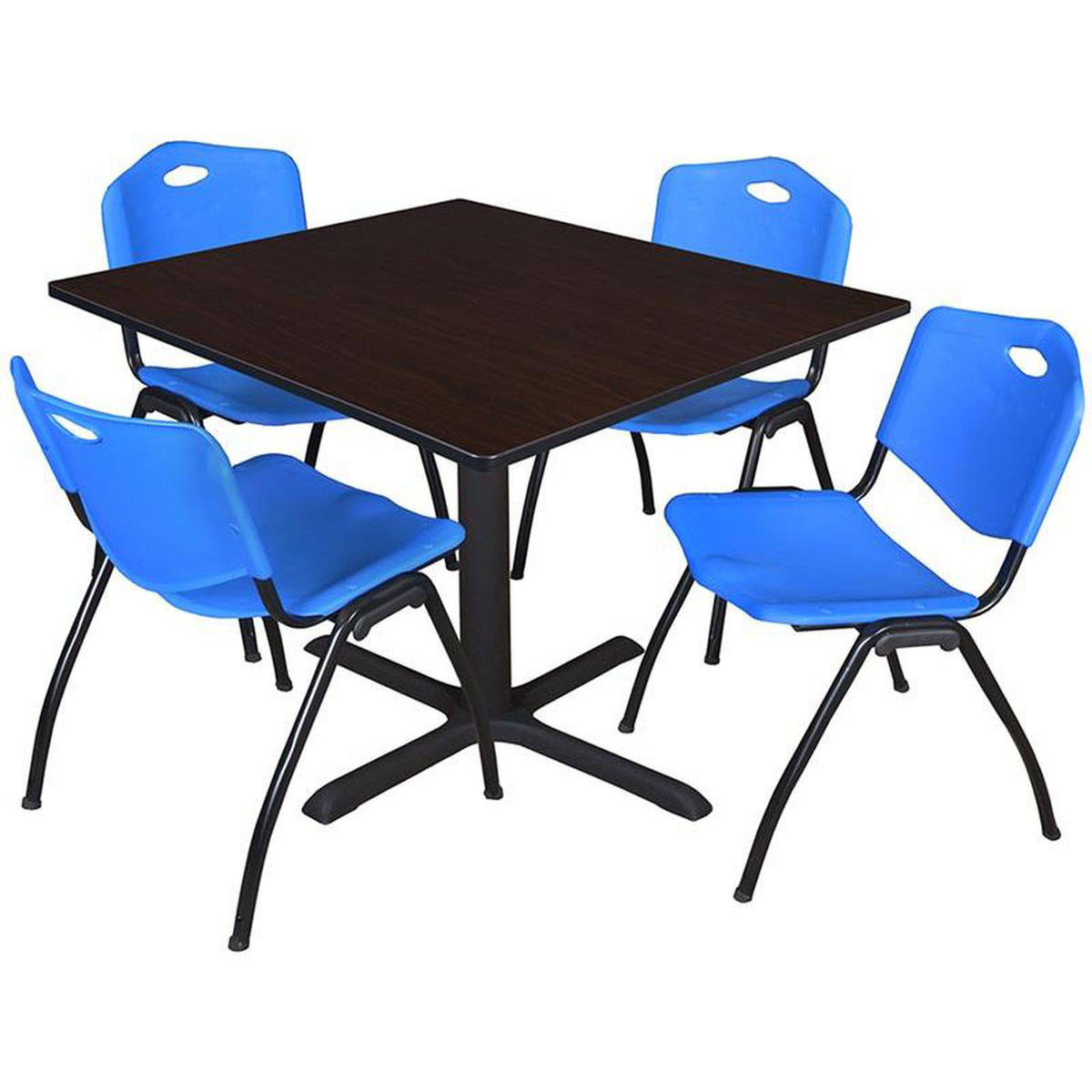 Mocha Walnut Square Breakroom Table with 4 Blue Stack Chairs S676