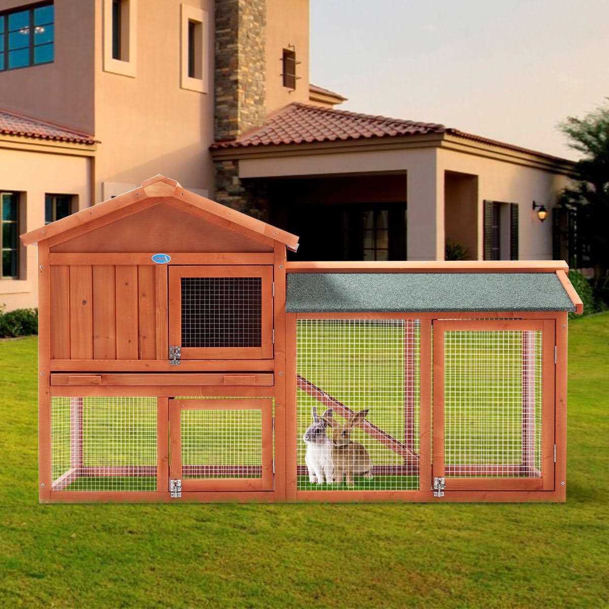 2-Tier Outdoor Wooden Rabbit Hutch with Ramp D166748