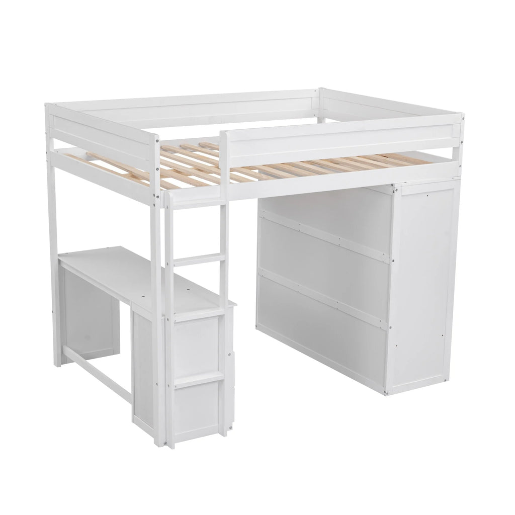 Solid Wood Loft Bed with Built-In Desk & Wardrobe White Full D648406