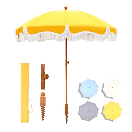 7ft Beach Umbrella with Fringe, UPF50+, Carry Bag L898