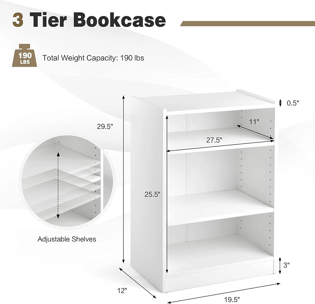 3-Tier Open Bookcase with Adjustable Shelves D847