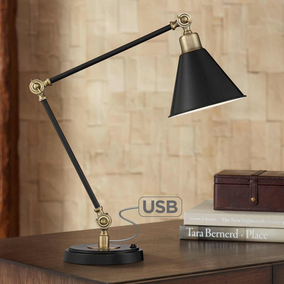 Modern Industrial Desk Table Lamp with USB Charging Port Adjustable Black Antique Brass Q354
