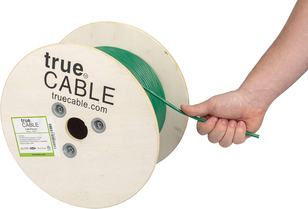 Cat6 Plenum Bulk Ethernet Cable, 500ft, Green, 23AWG 4 Pair Solid Bare Copper, 550MHz, UTP E782