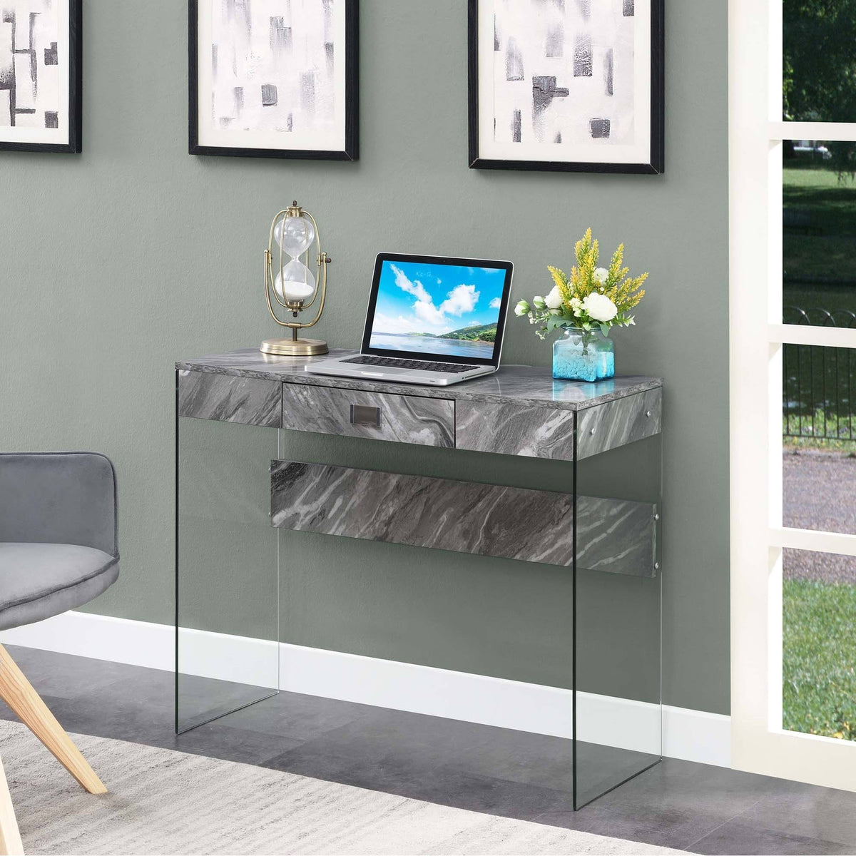 36 in. Glass Desk Gray Marble J787402