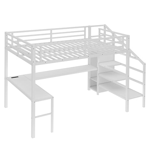 Queen Size Metal Loft Bed with LED Lights & USB Ports, White J9991