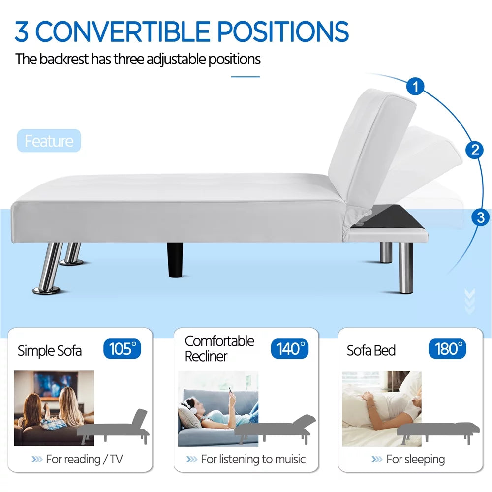 White Faux Leather Convertible Futon Chaise Lounge E984545