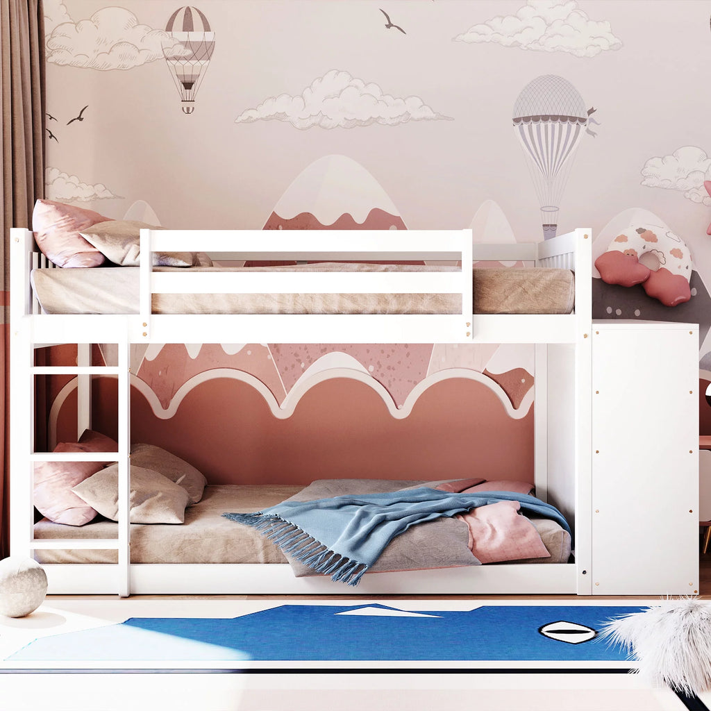 White Wood Twin Over Twin Bunk Bed with Storage Y258