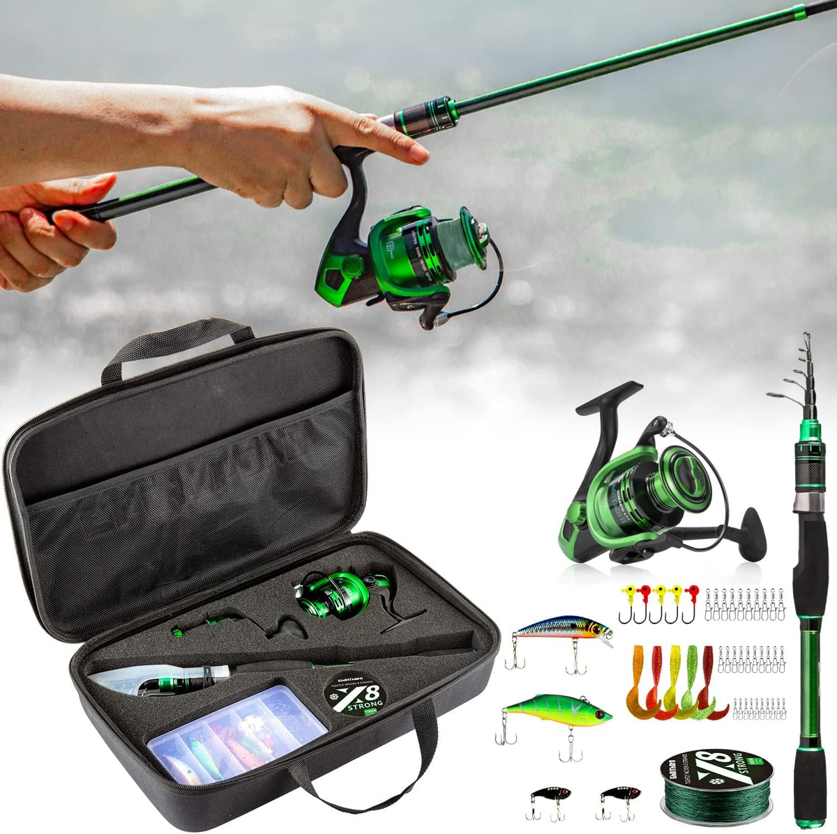 Collapsible Fishing Rod and Reel Combo with Carrier Bag N4082