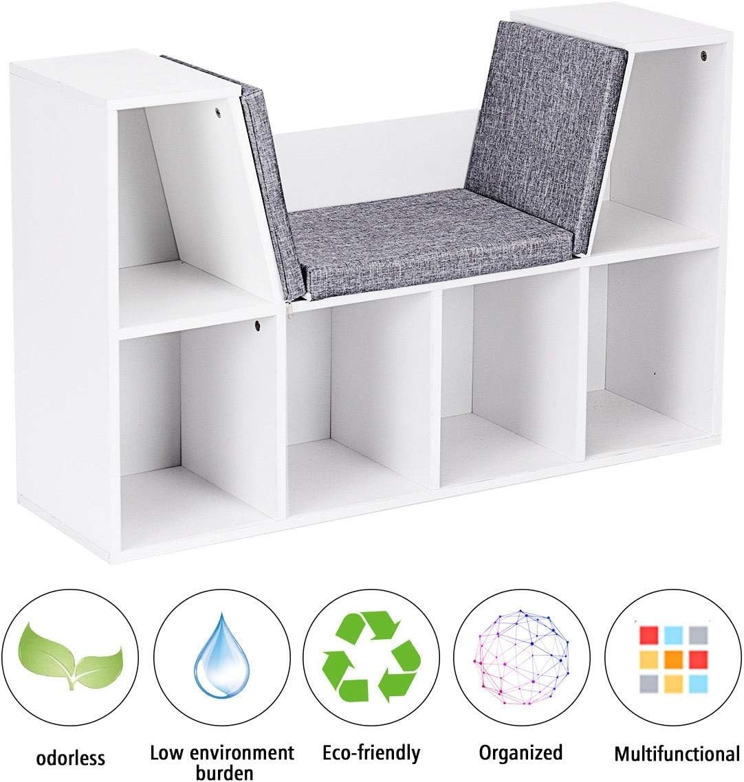 6-Cubby Kid Storage Bookcase Cushioned Reading Nook Bench I96147