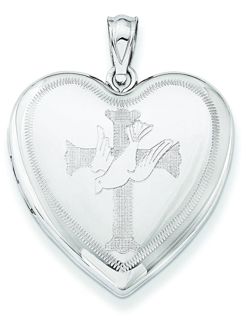 Sterling Silver Rhodium-plated Dove Cross Heart Locket E7147