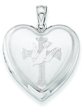 Sterling Silver Rhodium-plated Dove Cross Heart Locket E7147