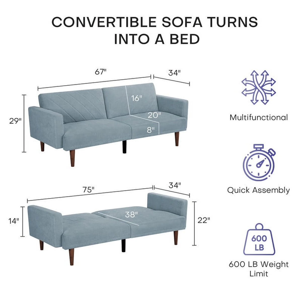 Blue Convertible Futon Sofa Bed E231