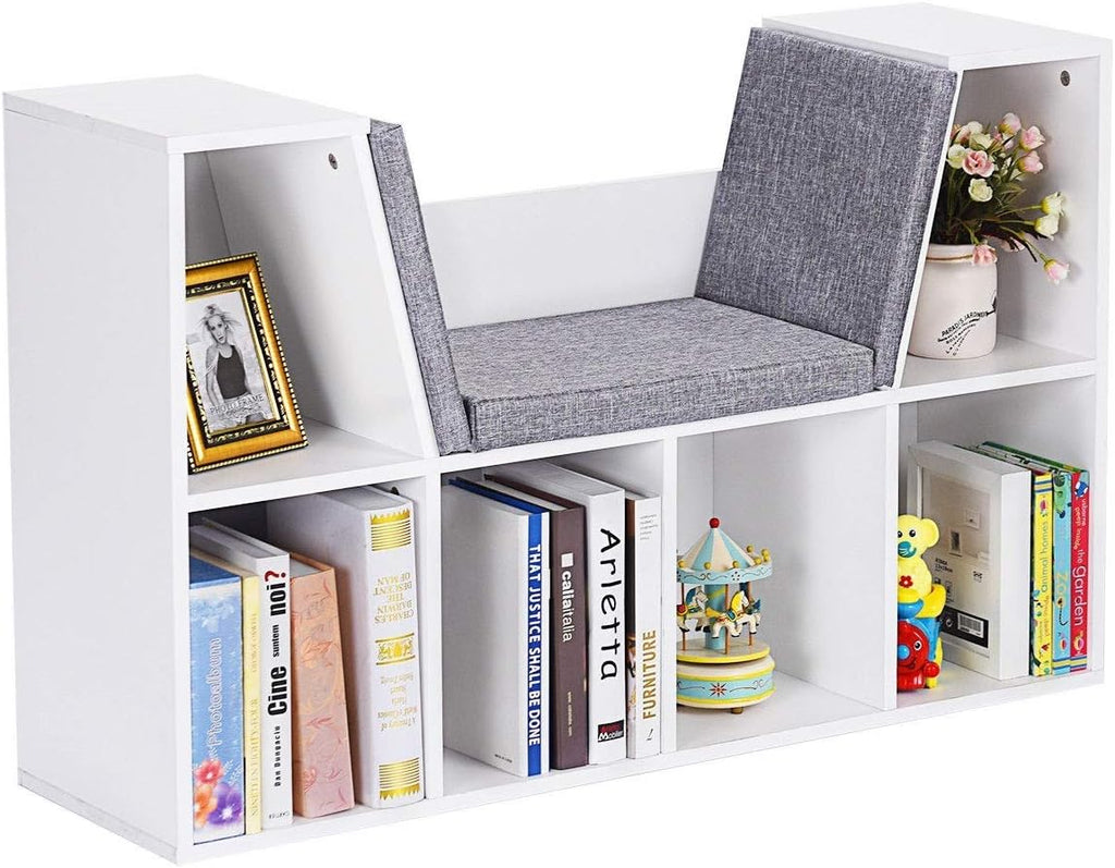 6-Cubby Kid Storage Bookcase Cushioned Reading Nook Bench I96147
