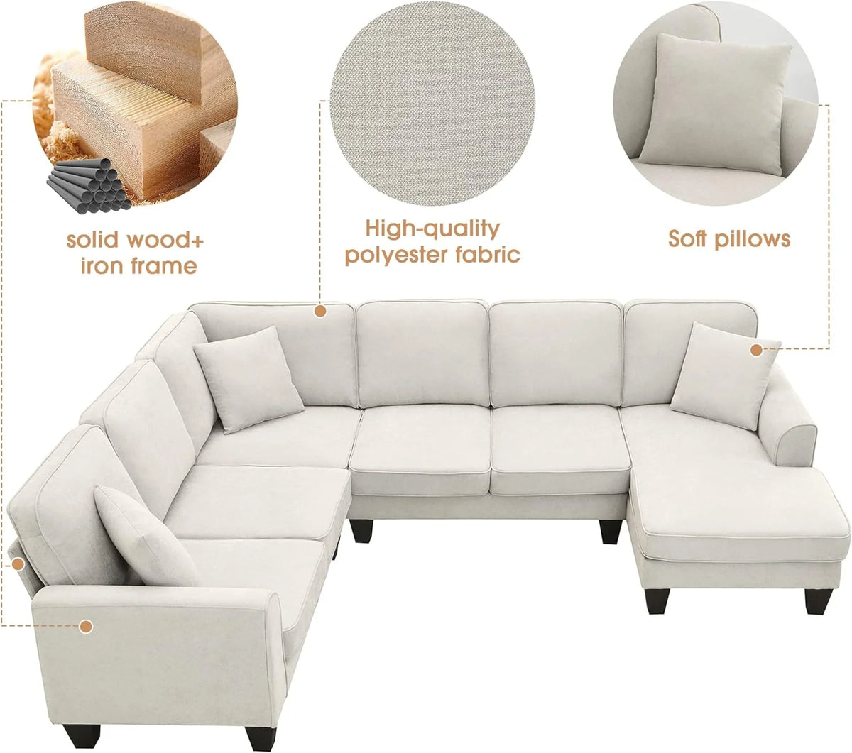 Beige 7-Seat U Shape Fabric Sectional Sofa with 3 Pillows D4027
