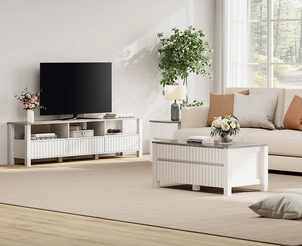 White 4 Piece Living Room Table Set with Storage Drawers and Charging Station Y9247