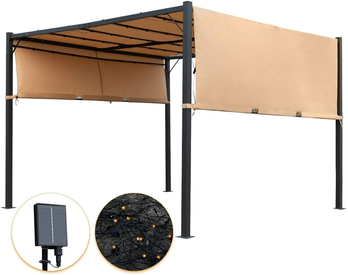 10x10 Retractable Steel Frame Pergola with Solar Powered Led Kit (Tan) R381