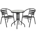 Round Glass Metal Table with 2 Black Metal Stack Chairs F27258