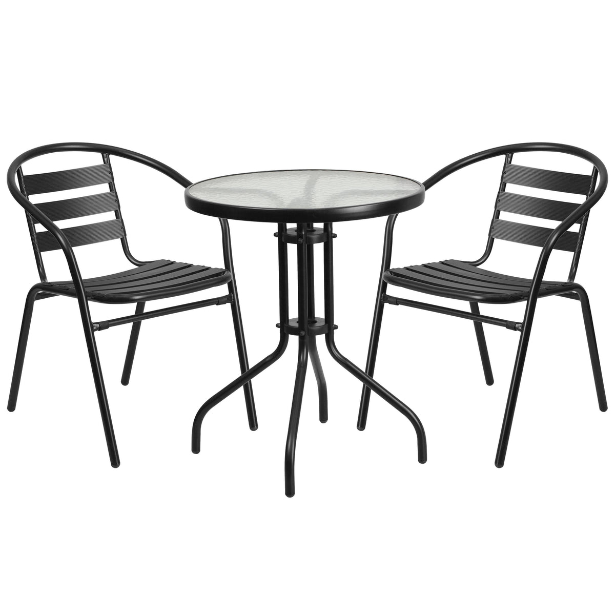 Round Glass Metal Table with 2 Black Metal Stack Chairs F27258