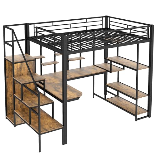 White Full Size Metal Loft Bed with Storage Staircase and Wardrobe K654