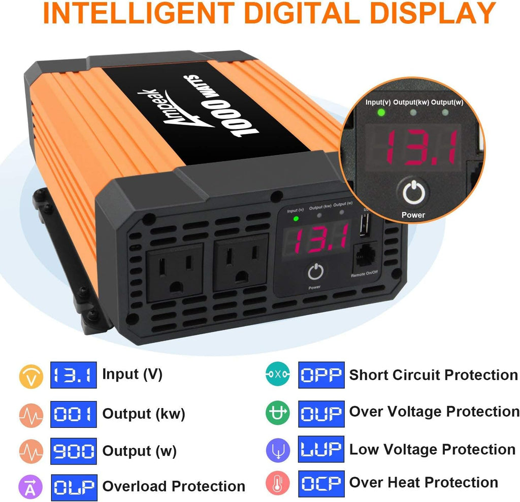 2000W 12V to 110V Power Inverter with 3AC Outlets and USB P8410