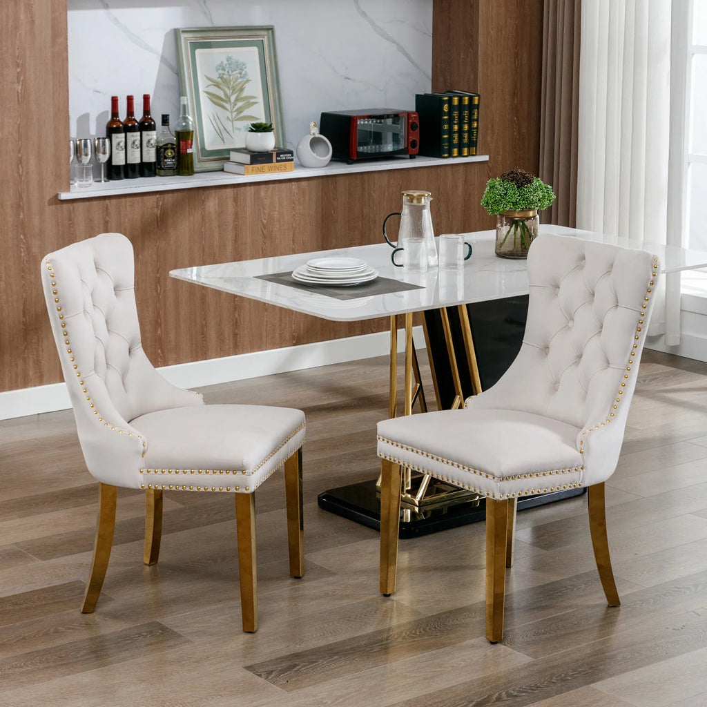 Beige Velvet Dining Chair Set of 2 with Gold Legs E914484