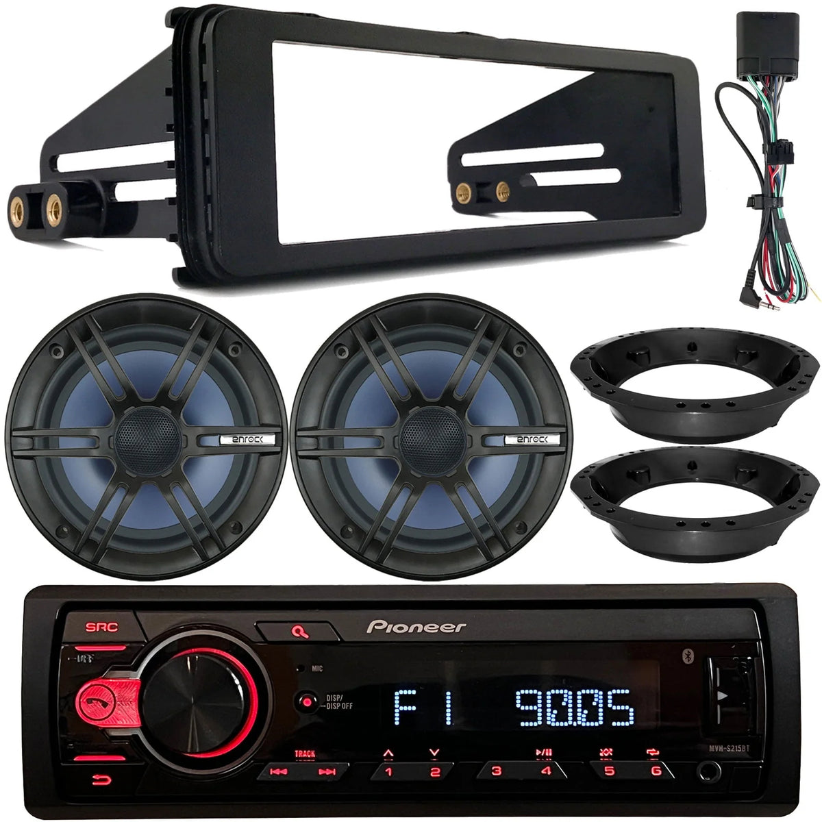 Single DIN Bluetooth USB AUX AM/FM Radio Receiver, 2x 6.5 120W Marine Speakers, Stereo Install Kit, Speaker Adapters M5498