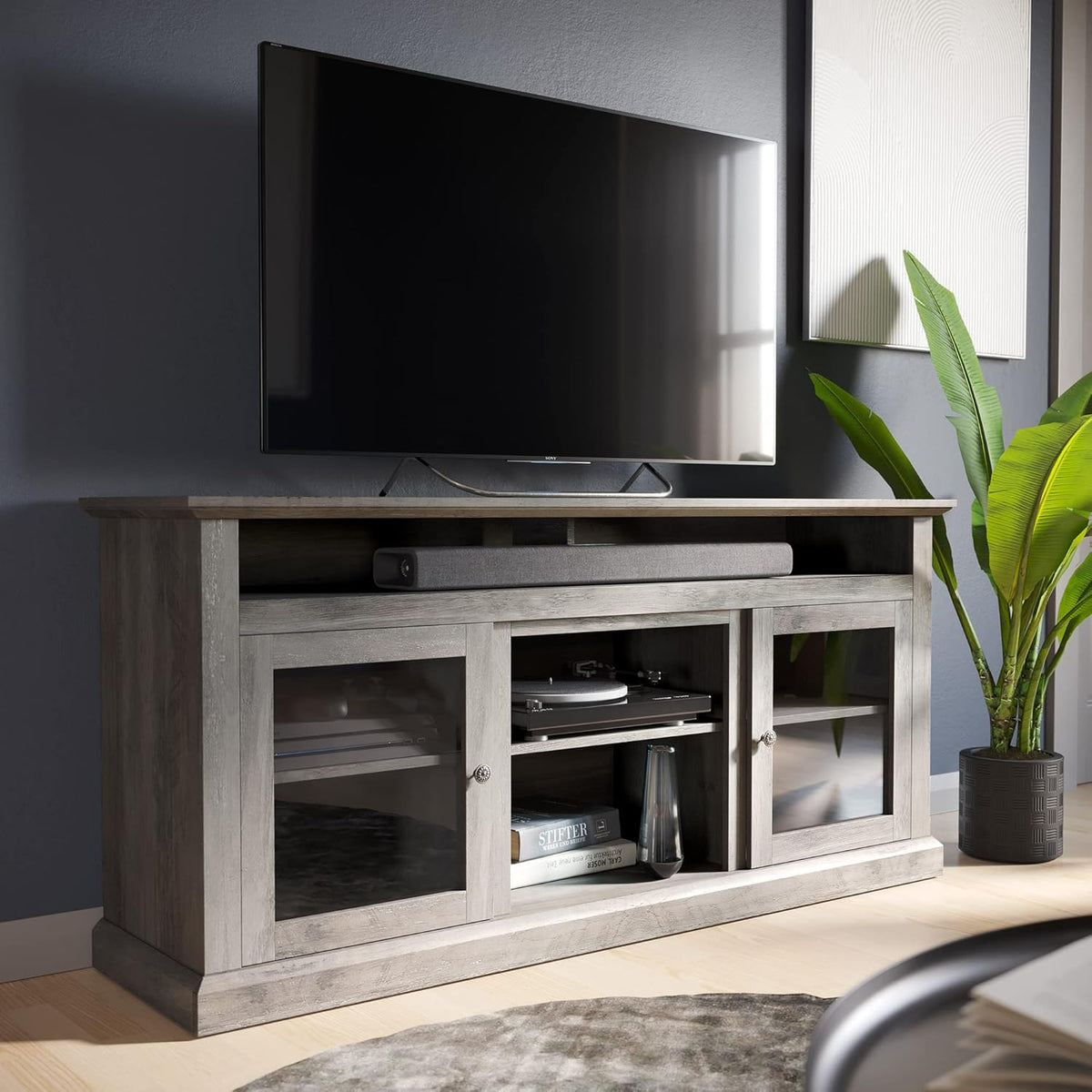 Light Gray Electric Fireplace TV Stand with Open Storage Shelves & Cabinets D584155
