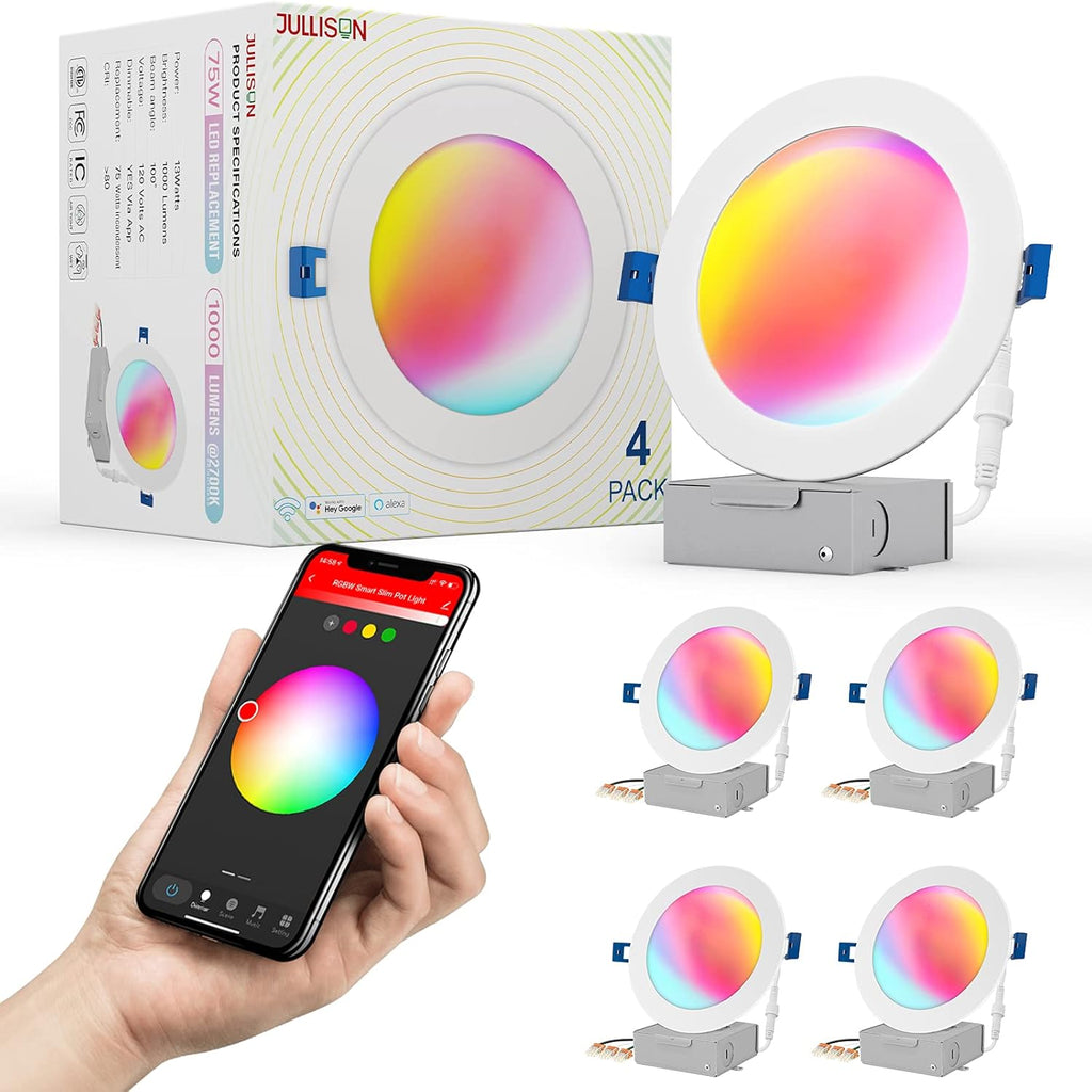 4 Packs Smart Slim Recessed Pot Light, RGB + 2700K-6000K, White H391