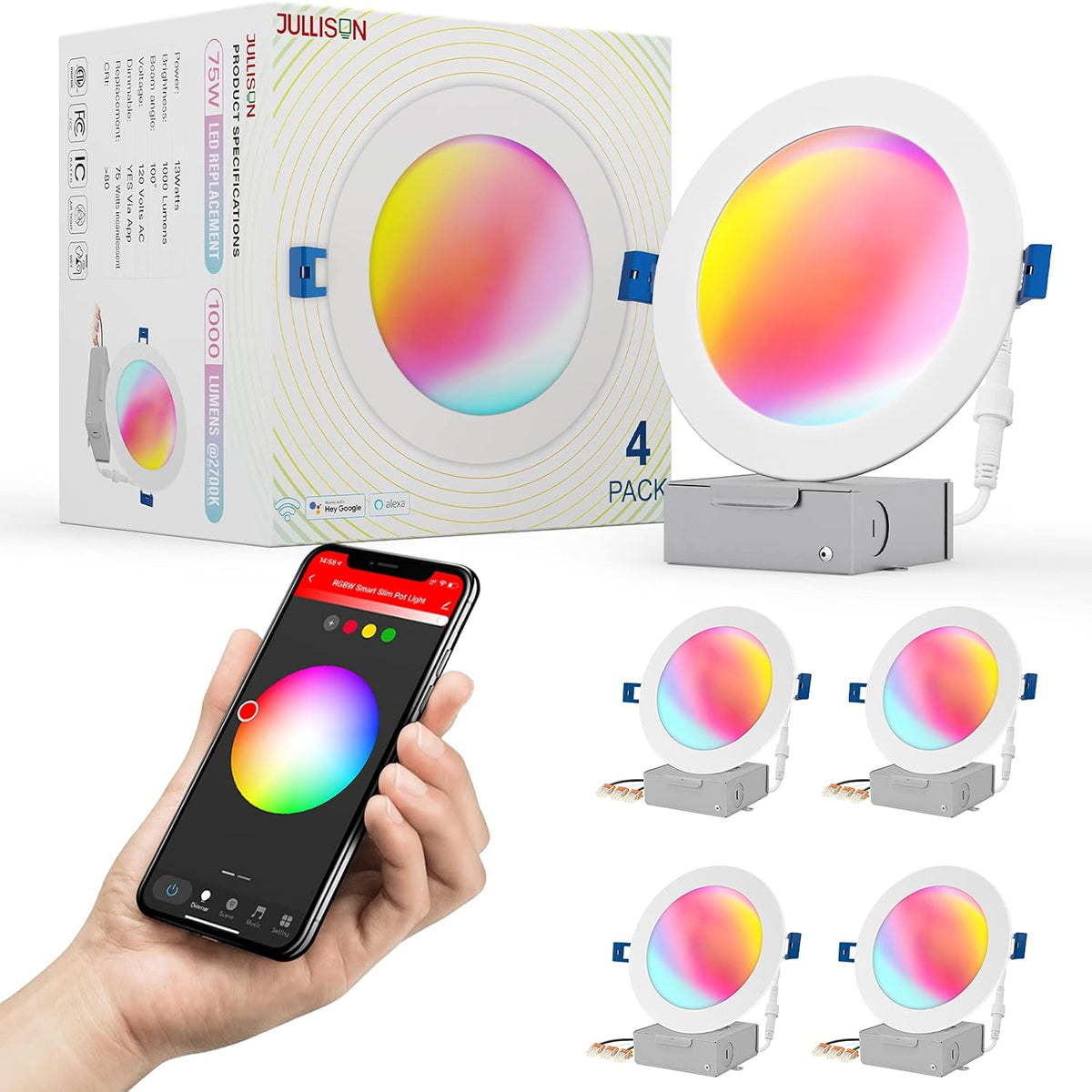 4 Packs Smart Slim Recessed Pot Light, RGB + 2700K-6000K, White H391