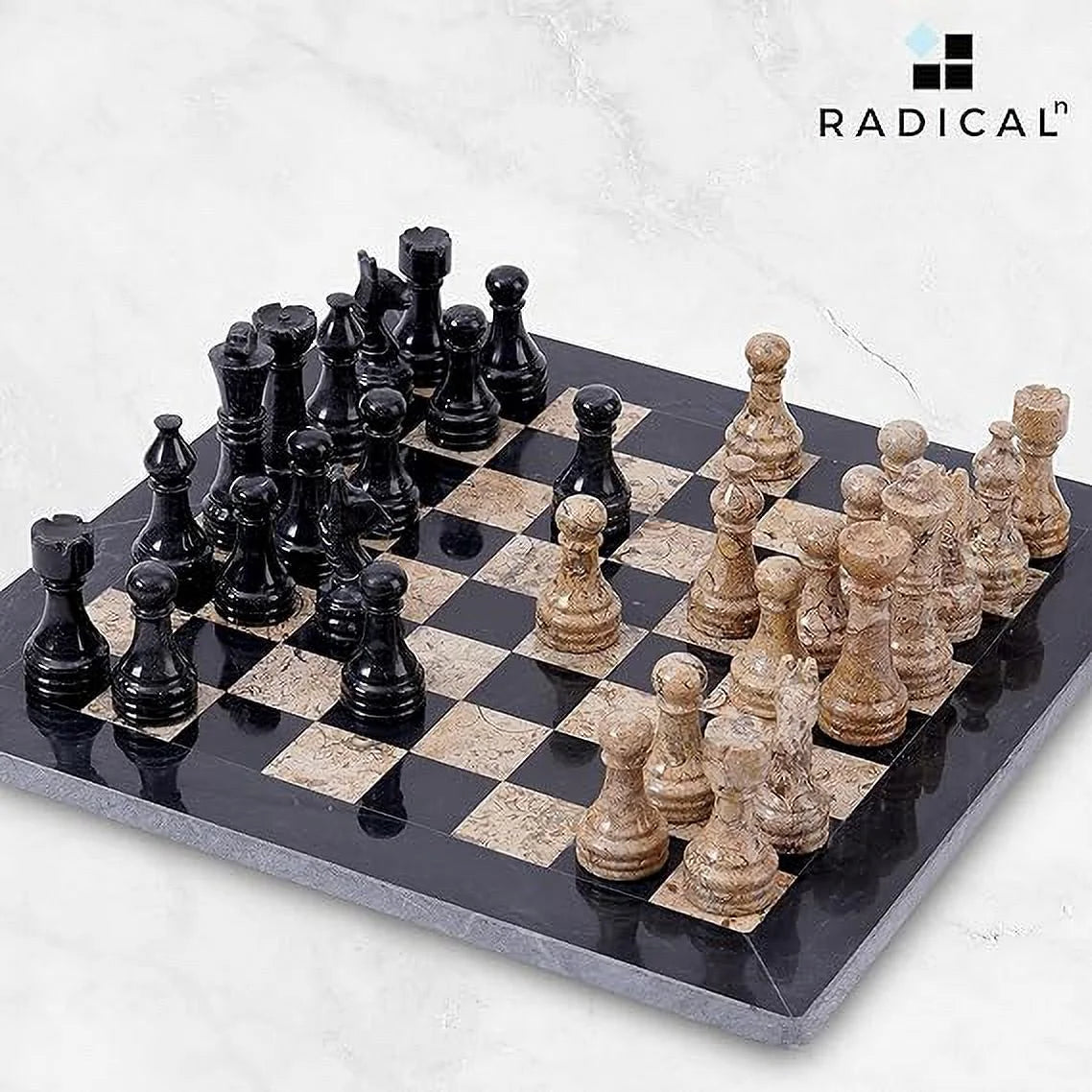 Marble Chess Set 12 Inches Black and Coral Handmade 1 Chess Board & 32 Chess Pieces Y8261
