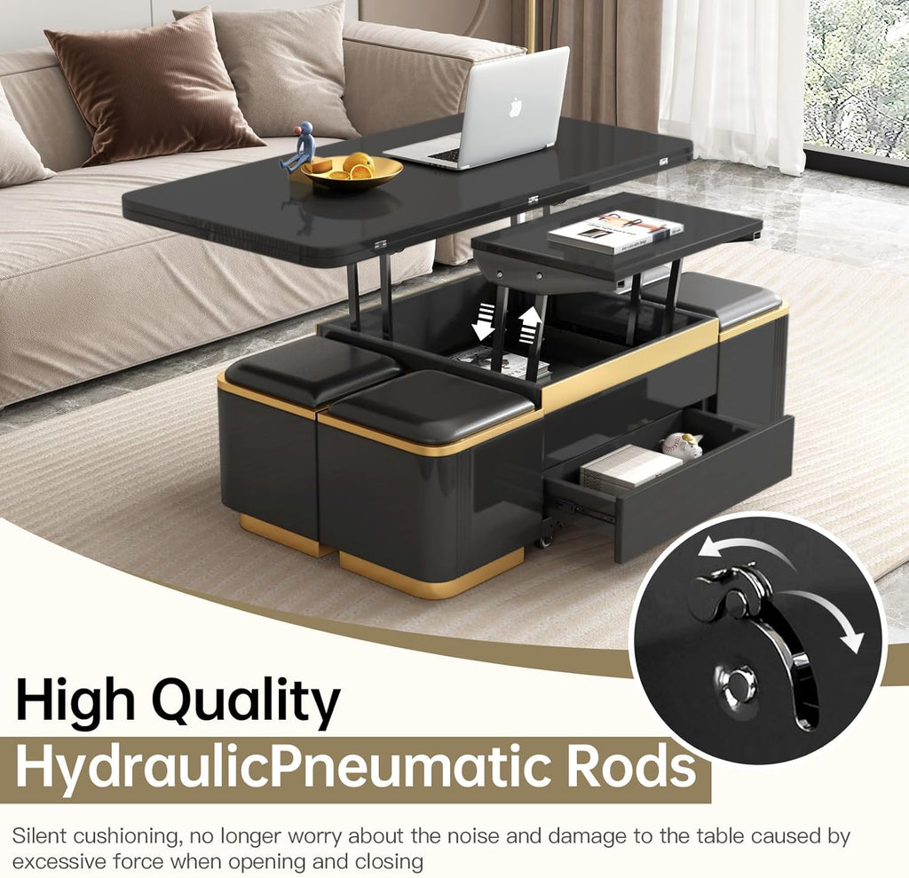 Black Lift Top Coffee Table with 4 Storage Stools F144