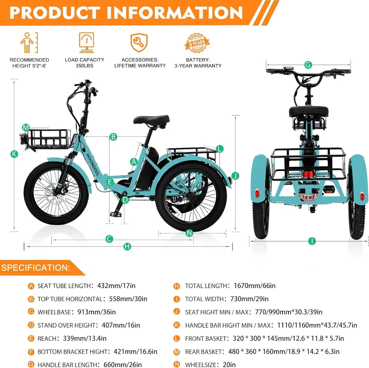 20 x4in Fat Tire Electric Tricycle 500W E-bike Z616334