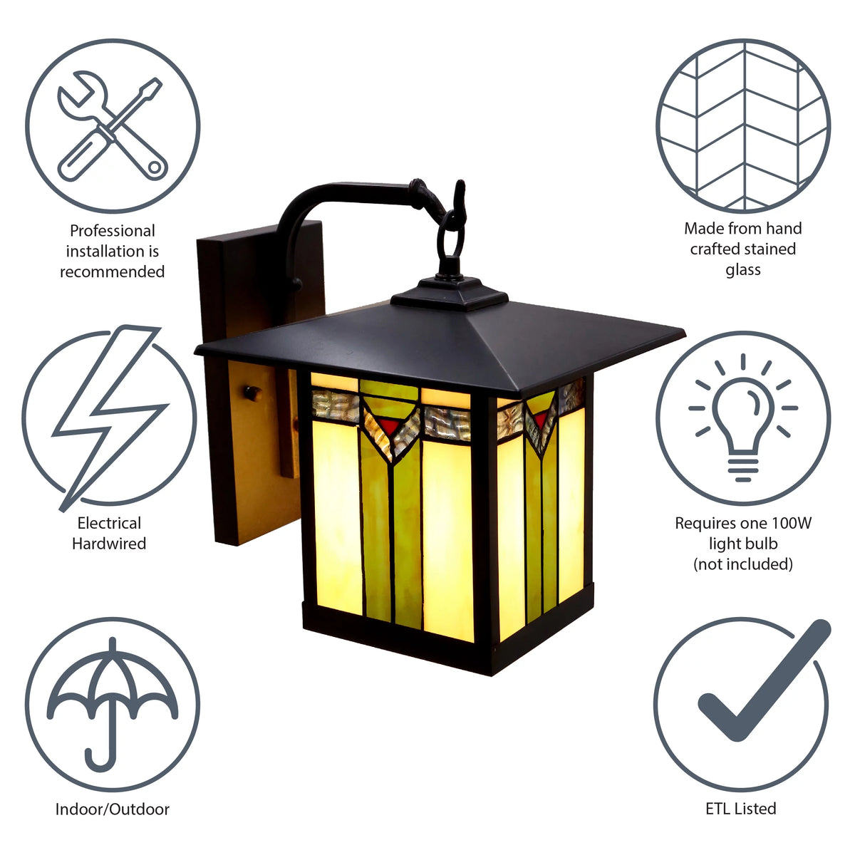 1-Light Bronzed Stained Glass Outdoor Wall Sconce T86531