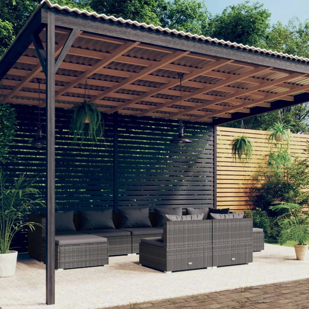 9 Piece Gray Poly Rattan Patio Set with Cushions I25489