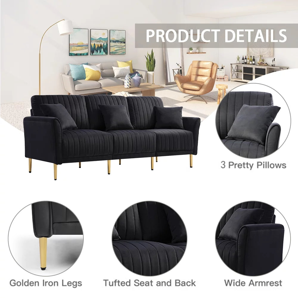 Black Velvet 3-Seater Sofa with Metal Legs and 3 Pillows K830401