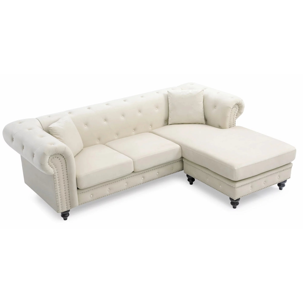 Ivory Velvet 3-Seater Sofa with 2 Throw Pillows R62440