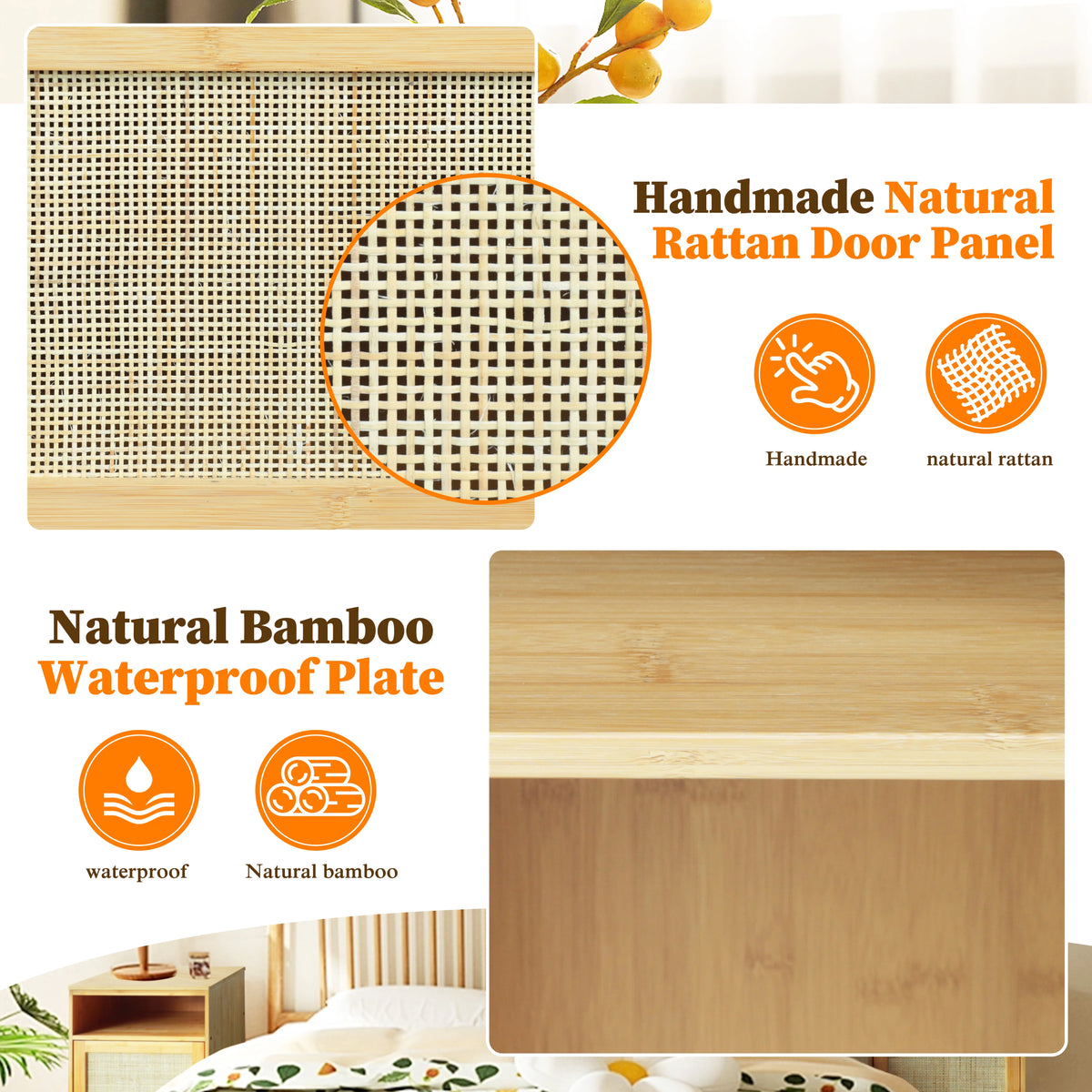 Bamboo Nightstand Set of 2 with Rattan Door N820844