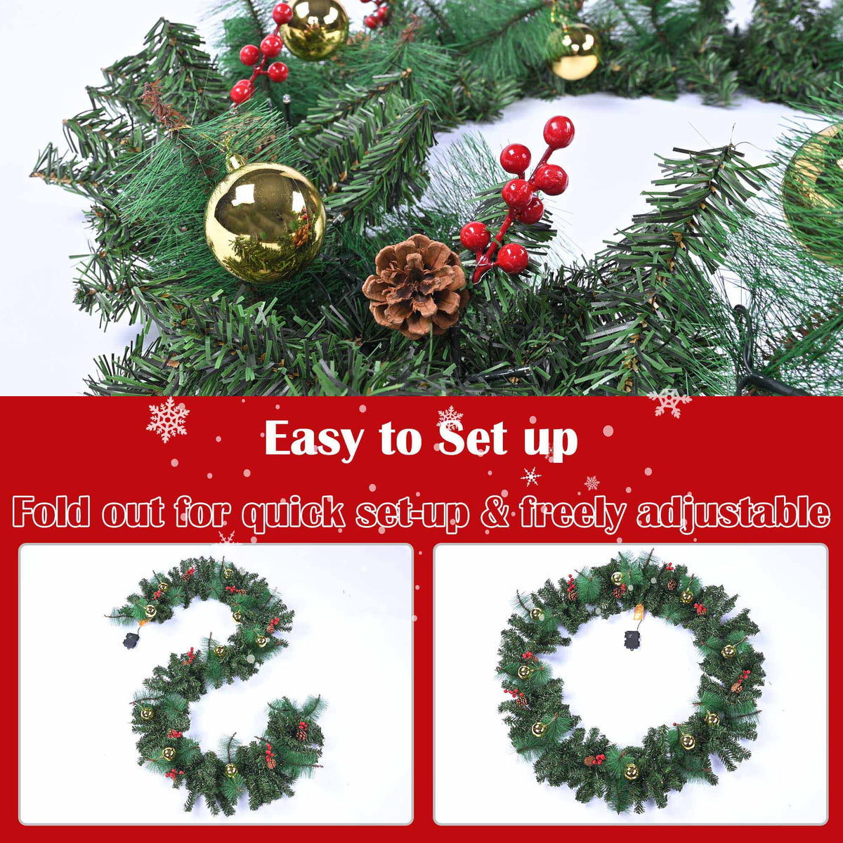 9 FT Pre-lit Christmas Garland Battery Operated Timer Artificial Decor L671