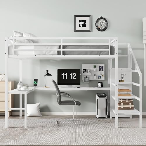 Queen Size Metal Loft Bed with LED Lights & USB Ports, White J9991