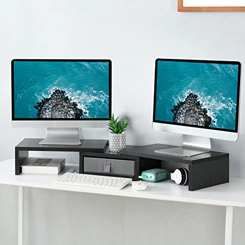 Dual Monitor Stand Riser with Drawer Adjustable (Rustic Brown) V229311