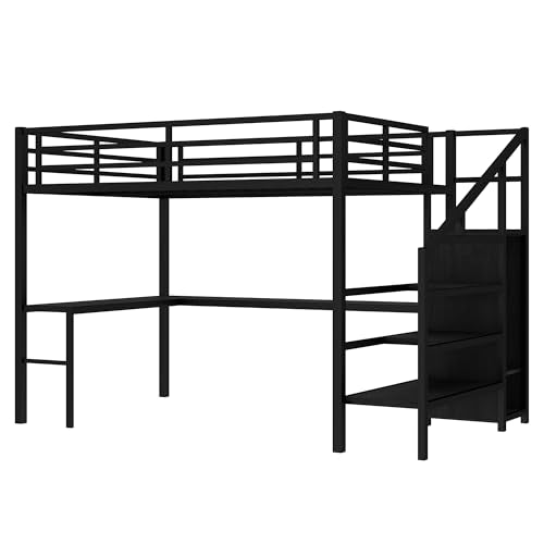 Queen Size Metal Loft Bed with LED Lights & USB Ports, White J9991