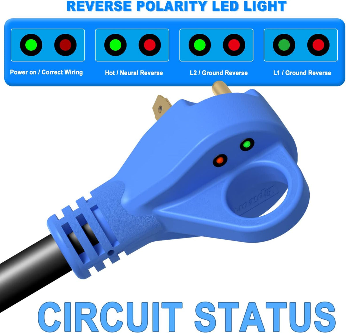 30 Amp 25 Feet RV Extension Cord with Polarity LED Light, Grip Handle, Twist Locking, STW 10AWG 3 Wire, NEMA TT-30P to L5-30R, Pack of 2 Y68276