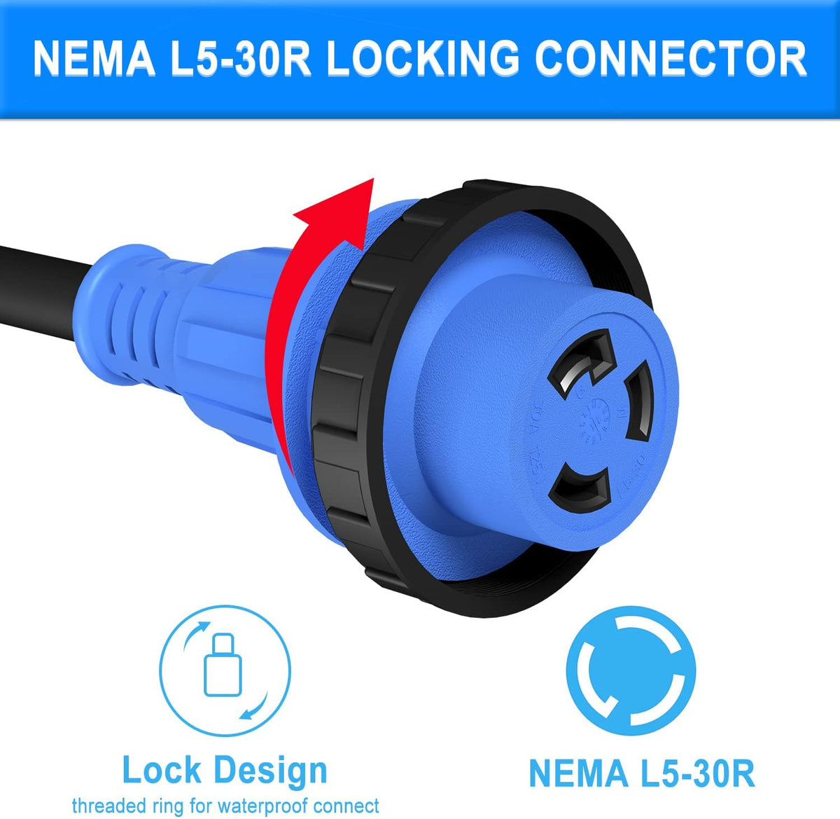 30 Amp 25 Feet RV Extension Cord with Polarity LED Light, Grip Handle, Twist Locking, STW 10AWG 3 Wire, NEMA TT-30P to L5-30R, Pack of 2 Y68276