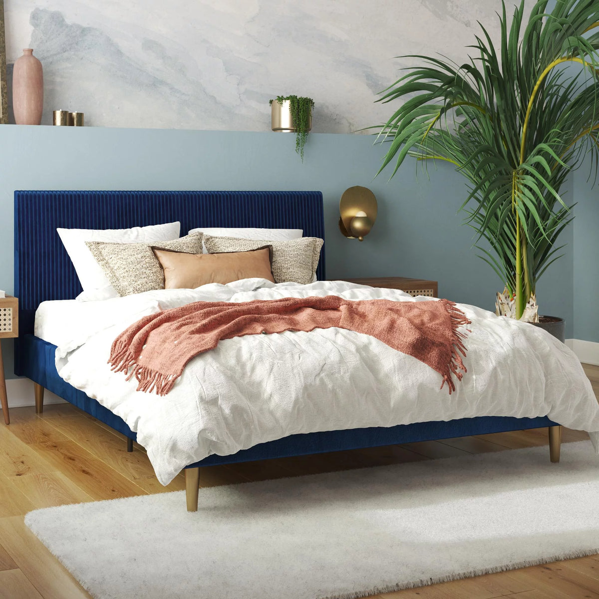 Queen Ivory Velvet Upholstered Bed with Headboard A6510