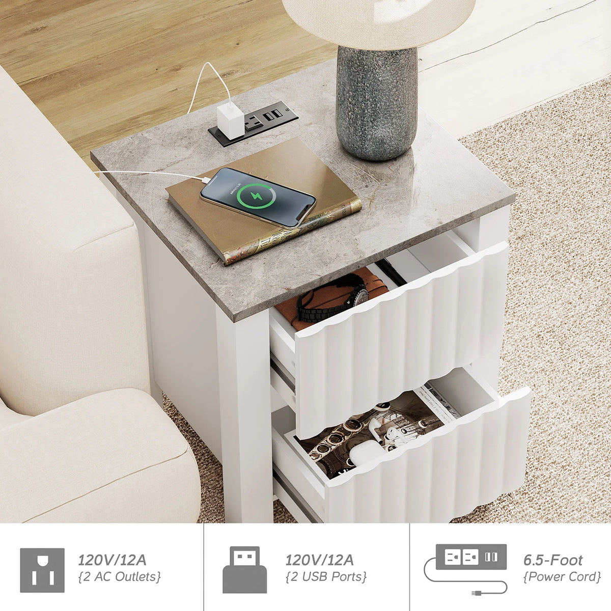 White 4 Piece Living Room Table Set with Storage Drawers and Charging Station Y9247