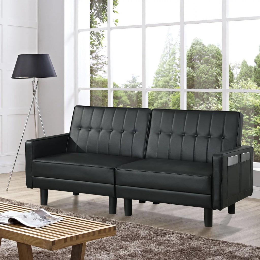 Black Faux Leather Convertible Futon Sofa Bed H5324
