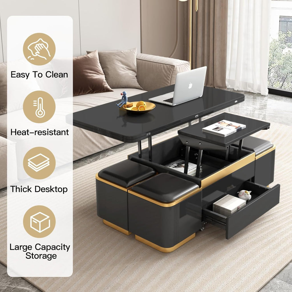 Black Lift Top Coffee Table with 4 Storage Stools F144