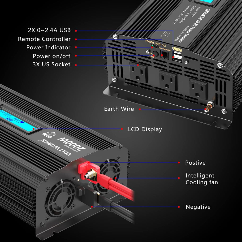 1100 watt Modified Sine Wave Power Inverter with LCD Display Remote Control 2AC Outlets Dual USB Ports P8435